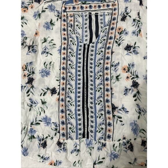 Lucky Brand Floral Blouse Puff Sleeve Crochet V-Neck Small - Picture 4 of 8